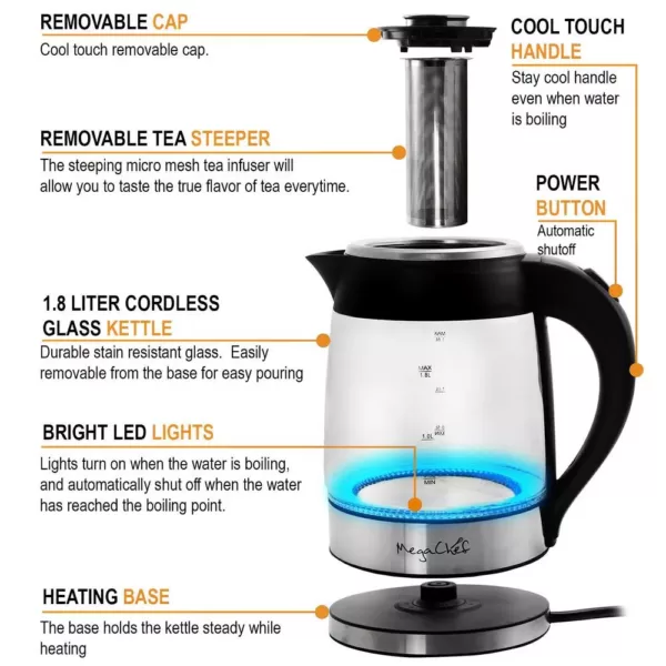 MegaChef 7.6 Cup Stainless Steel Cordless Electric Kettle with LED Base