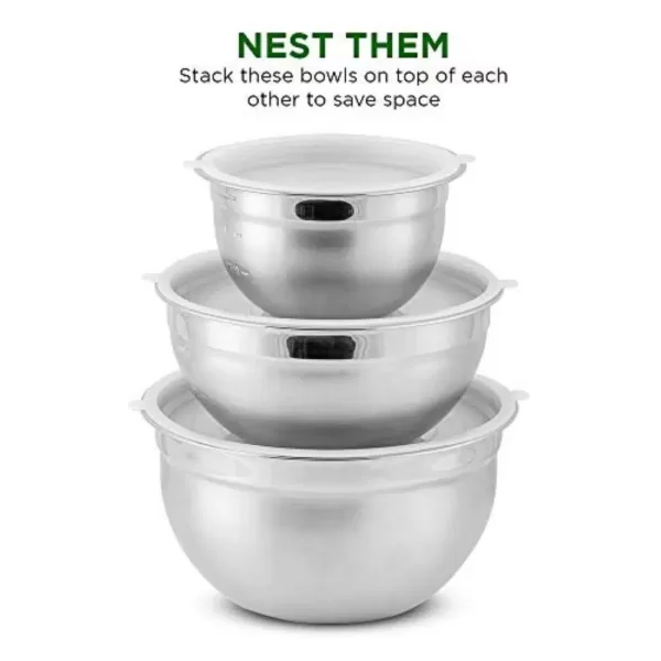 Ovente 3-Piece Mixing Bowls with Lids Stainless Steel Kitchen Storage Bakeware Set