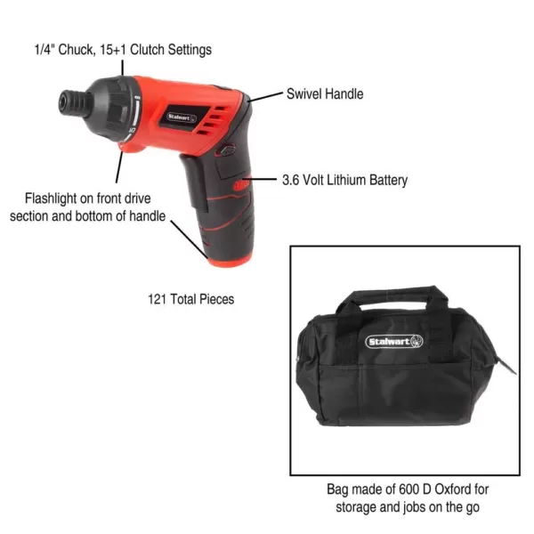 Stalwart 3.6-Volt Lithium-Ion Cordless 1/4 in. Electric Screwdriver (121-Piece)