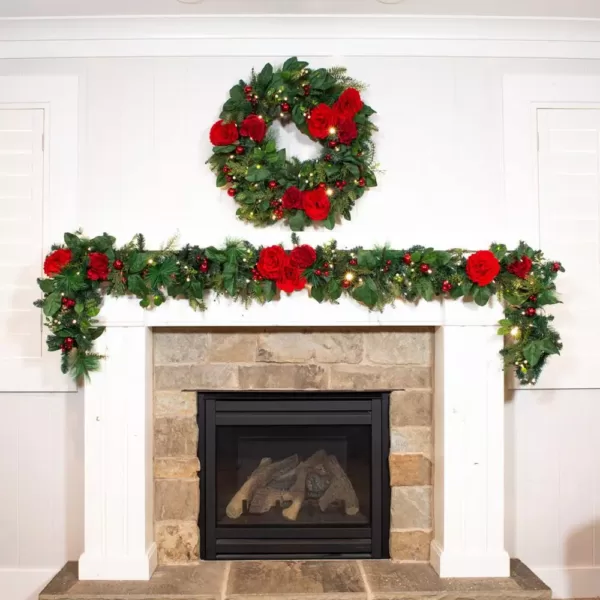 Village Lighting Company 30 in. Pre-Lit LED Red Peonies and Berry Wreath