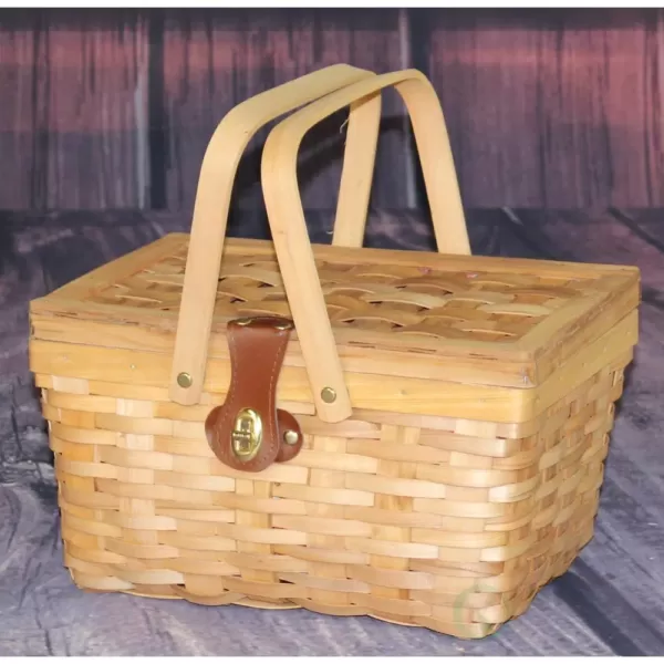 Vintiquewise 12.5 in. x 7.5 in. x 7.5 in. Picnic Basket Gingham Lined with Folding Handles