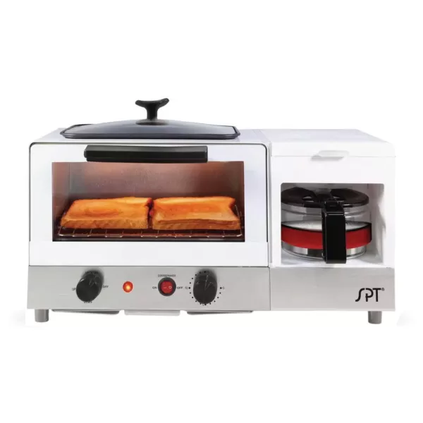 SPT Breakfast Center 1450 W 2-Slice White and Stainless Steel Toaster Oven with Griddle and Coffee Maker