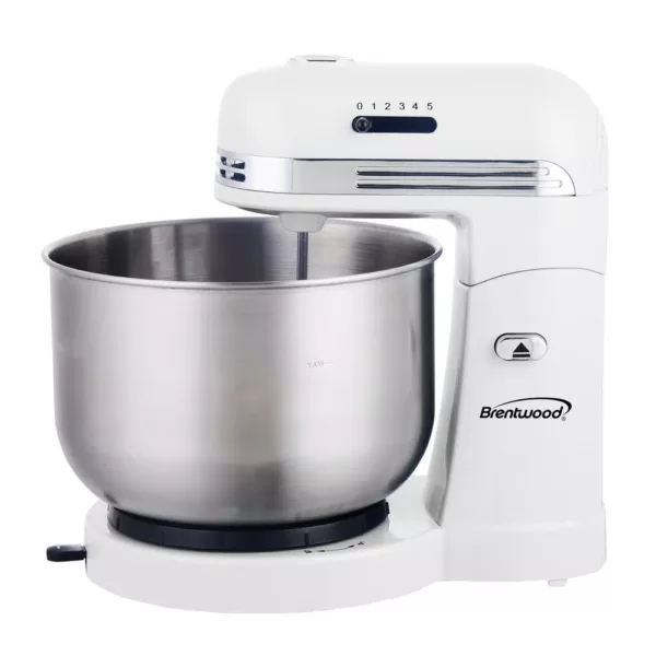 Brentwood Appliances 3 Qt. 5-Speed White with Stainless Steel Mixing Bowl Stand Mixer