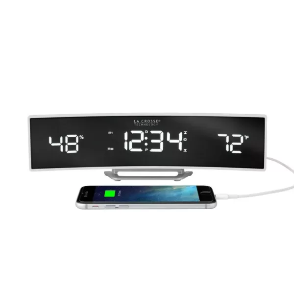 La Crosse Technology White Curved Alarm Clock with Mirrored LED Lens Display