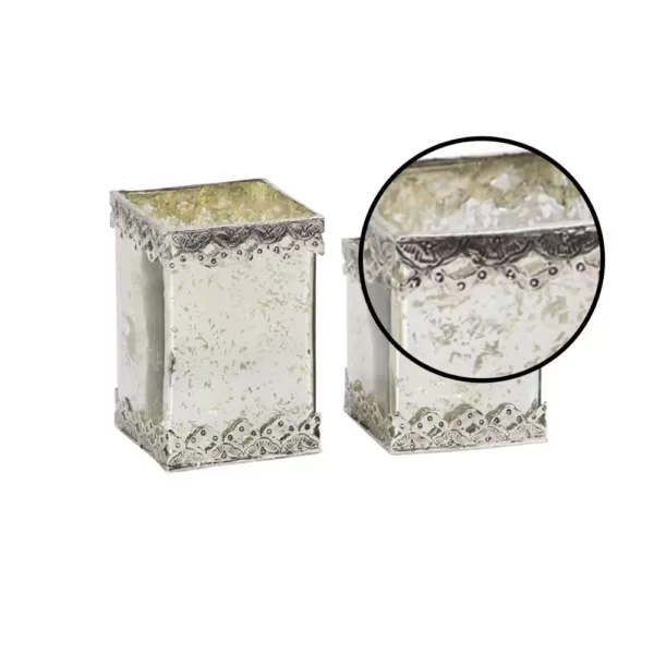 LITTON LANE White Cuboid Glass Candle Holders with Silver Ornate Details (Set of 2)