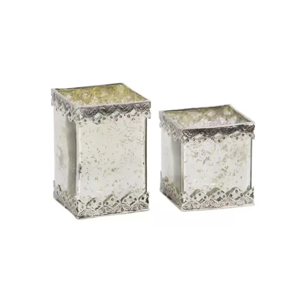 LITTON LANE White Cuboid Glass Candle Holders with Silver Ornate Details (Set of 2)