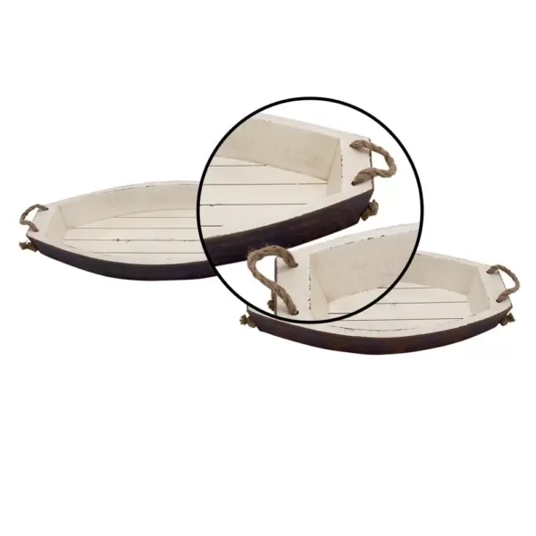 LITTON LANE Distressed White Wooden Boat-Shaped Decorative Trays (Set of 2)