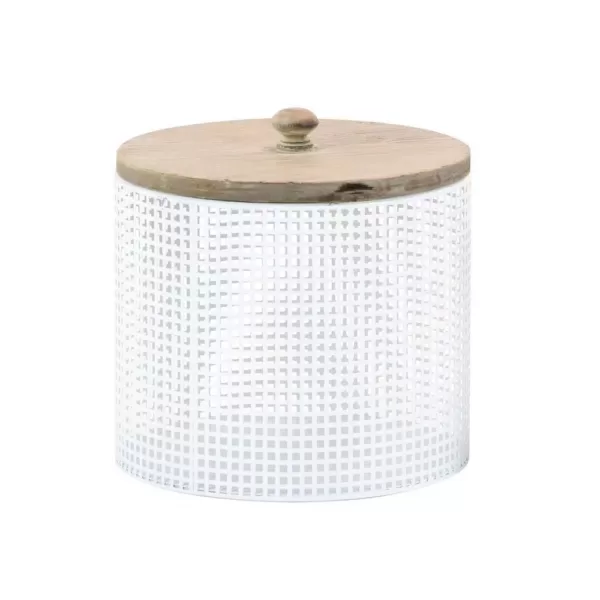 LITTON LANE White Iron Mesh Round Canisters with Wooden Lid (Set of 2)