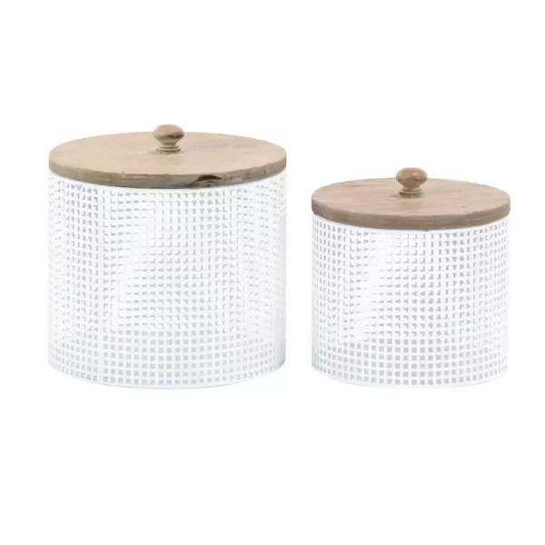 LITTON LANE White Iron Mesh Round Canisters with Wooden Lid (Set of 2)