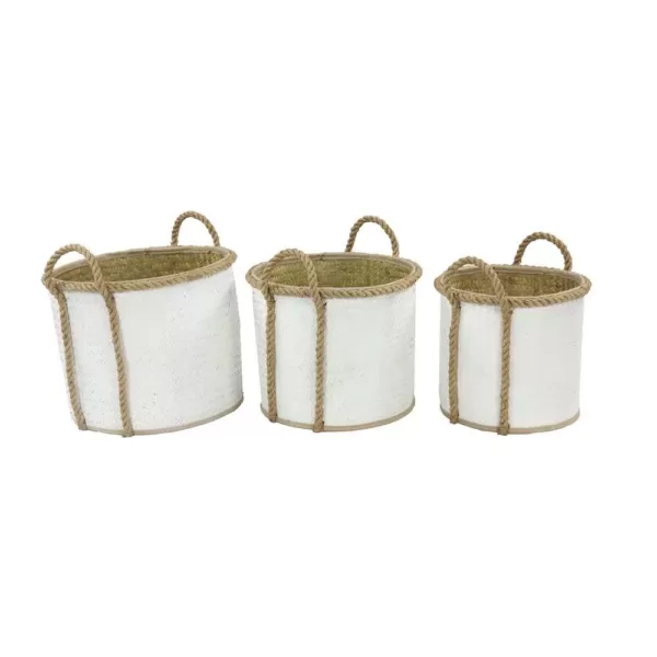 LITTON LANE Round Palm Leaf and Rope Storage Wicker Baskets with Handles (Set of 3)