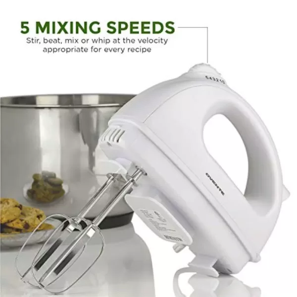 Ovente 5-Speed 150-Watt White Hand Mixer Stainless Steel Chrome Beaters and Free Snap-On Case