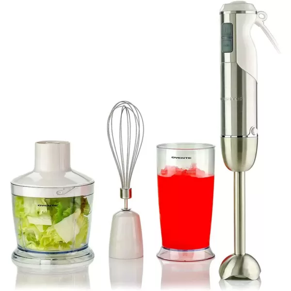 Ovente 6-Speed White Immersion Blender with Chopper and Whisk Attachment