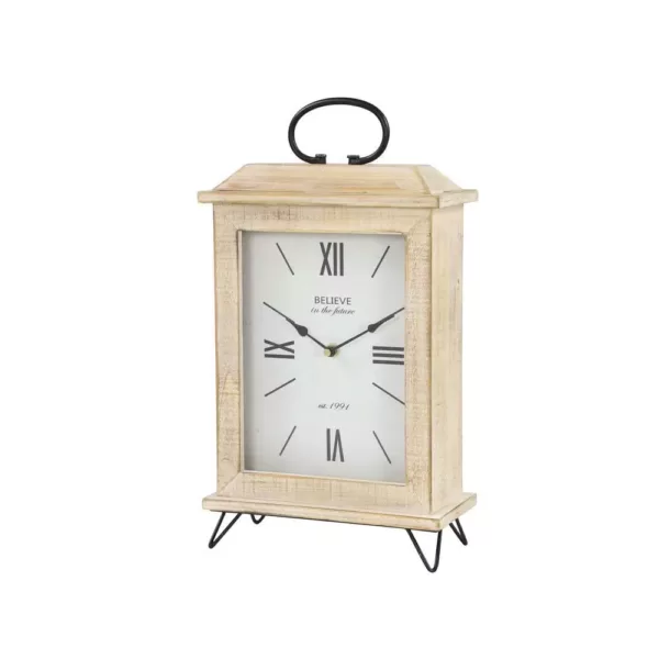 LITTON LANE Farmhouse Rectangular Whitewashed Beige Wooden Table Clock