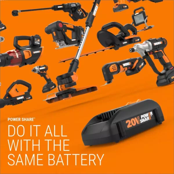 Worx POWER SHARE 20-Volt 120 MPH 80 CFM Cordless Battery Leaf Blower / Sweeper (2Ah Battery, Charger & Accessories Included)