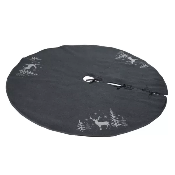 Xia Home Fashions 56 in. Deer in Snowing Forest Round Christmas Tree Skirt in Dark Gray